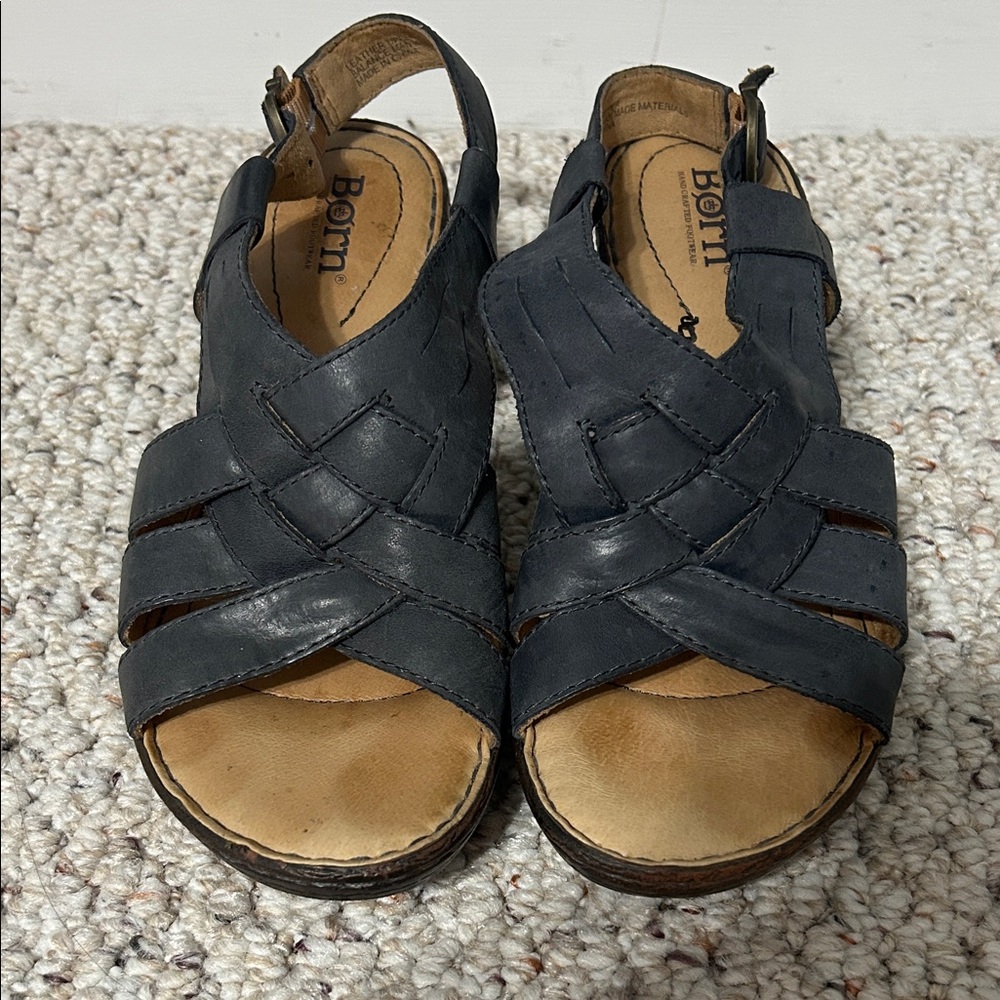 Born navy Woven Leather Slingback wedge Sandals